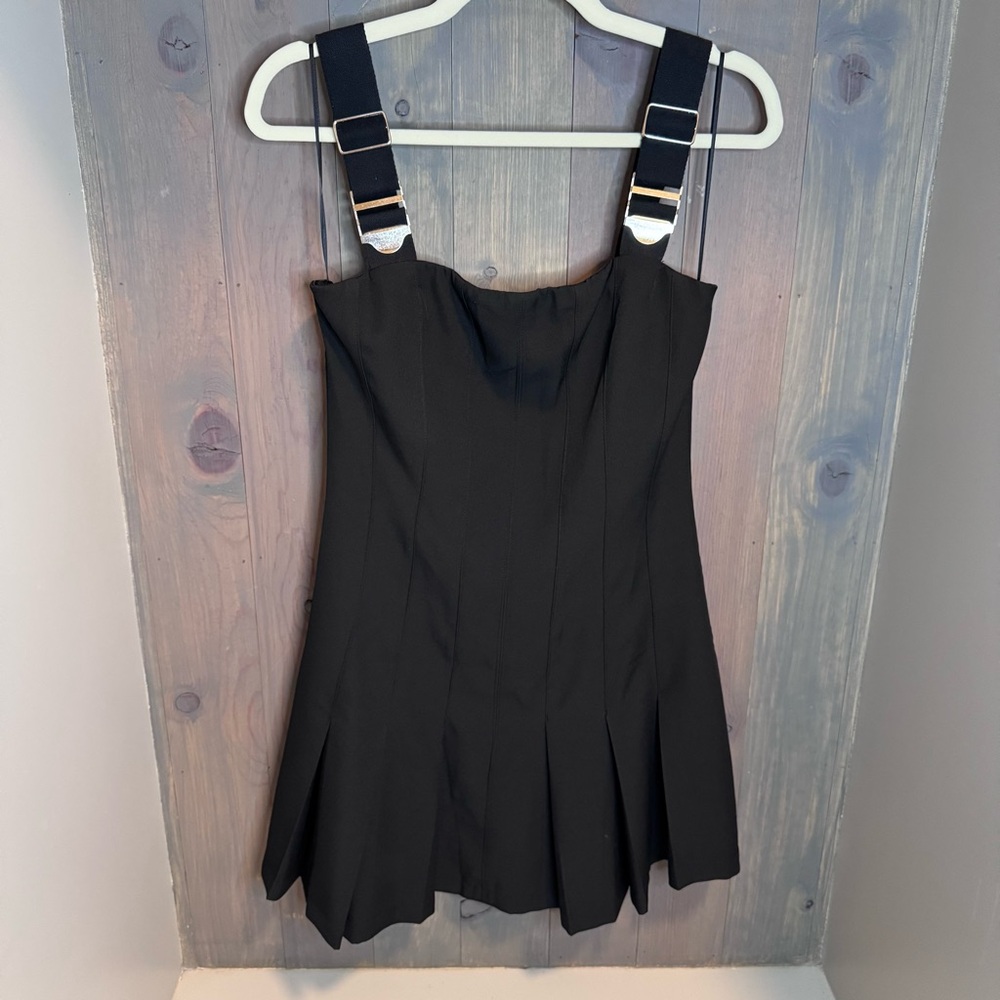 Baby Pink Black Pleated Mini Dress Silver Buckle Straps Size Small